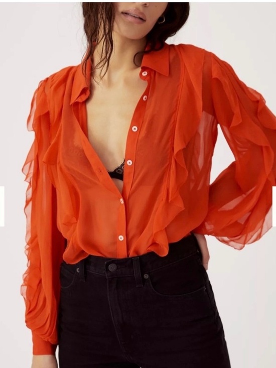 Anthropologie Tops - Anthropologie Maeve Sheer Ruffle Button-Up Flowy Blouse in Red/Orange - size 1x